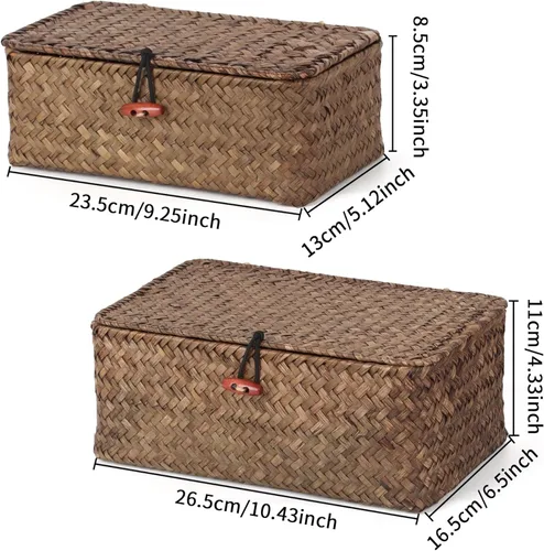 Miniatura 6 de Moosky Cestas de mimbre con tapa, cesta tejida a mano de pastos marinos para cestas de almacenamiento, cajas de regalo rectangulares para el hogar