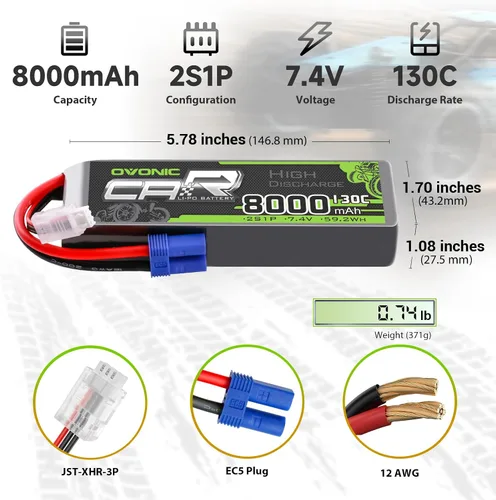 Miniatura 2 de OVONIC 2S LiPo Batería 8000mAh 7.4V 130C RC Batería con conector EC5 (paquete de 2) (con comprobador de voltaje Lipo)