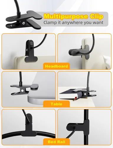 Miniatura 4 de Lámpara de escritorio con abrazadera-10W, 2 en 1 con ambiente RGB y luz blanca cálida, luz de lectura de libros cambiable/cuello de cisne flexible