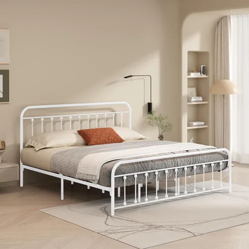 Miniatura 14 de Marco de cama de metal tamaño matrimonial con cabecero y estribo, sin somier, color blanco