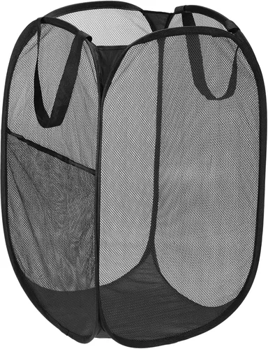 PATIKIL Cesta de malla para lavandería, bolsa plegable con asas para lavandería, viajes, color negro