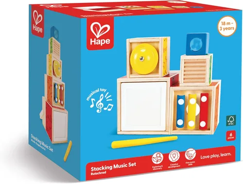 Miniatura 10 de Hape Juego de música apilable Caja musical colorida de 6 piezas, juego de madera para niños mayores de 18 meses