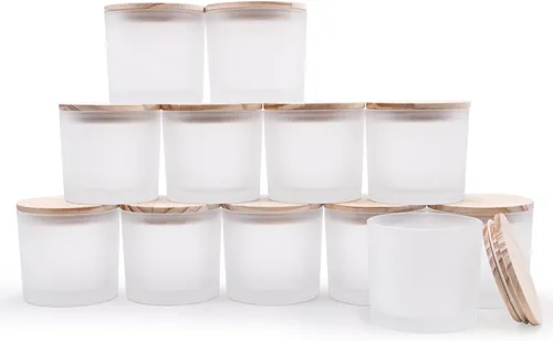 Miniatura 27 de SHOWIN Tarros de vela gruesos de 14 OZ para hacer velas 12 Piezas, tarros vacíos de 3 mechas con tapas de madera para hacer velas, recipiente