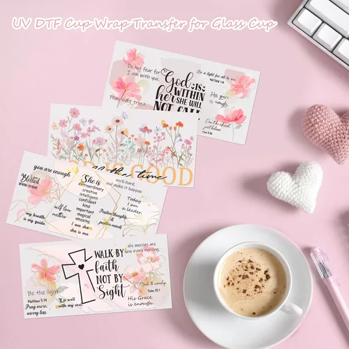 Miniatura 6 de Adhesivo UV DTF para tazas, 4 hojas de transferencia de flores de la Biblia UV DTF para vidrio de 16 onzas, floral, citas inspiradoras, versículo