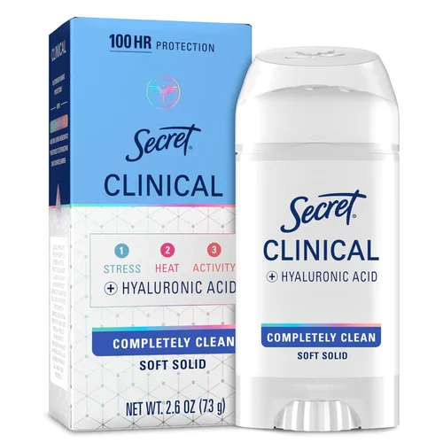 Secret Clinical Strength 100HR - Desodorante antitranspirante sólido suave para mujeres, 3 veces protección contra el estrés con ácido hialurónico,