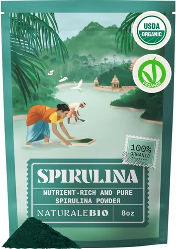 NaturaleBio Polvo de espirulina orgánico 8 oz. Algas espirulina natural y cruda. Vegano y puro. Cultivado en la India en Tamil Nadu. Ideal para