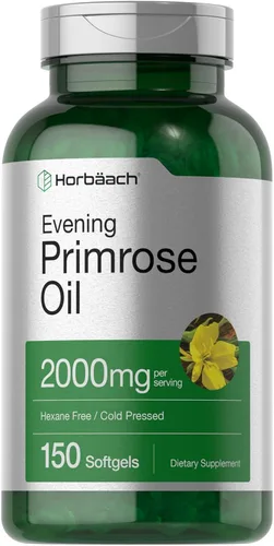 Horbäach Cápsulas blandas de aceite de onagra | 2000 mg | 150 píldoras | Suplemento prensado en frío, sin hexano con GLA | Sin OMG, sin gluten