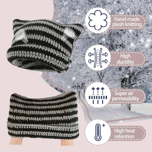 Miniatura 5 de Gorro de punto con orejas de gato para mujer, gorro de ganchillo con gorro de invierno a rayas, accesorios Y2K, gorros estilo gótico grunge