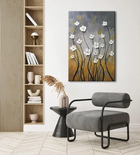 Miniatura 6 de Wieco Art Pinturas al óleo 100% pintadas a mano, lienzo abstracto, arte de pared, diseño moderno de flores estiradas, listo para colgar, para sala