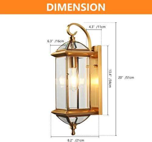 Miniatura 3 de Milaii Lámpara de pared para exteriores con vidrio transparente, impermeable, latón aceitado de 18.5 pulgadas, luces de montaje en pared de cobre