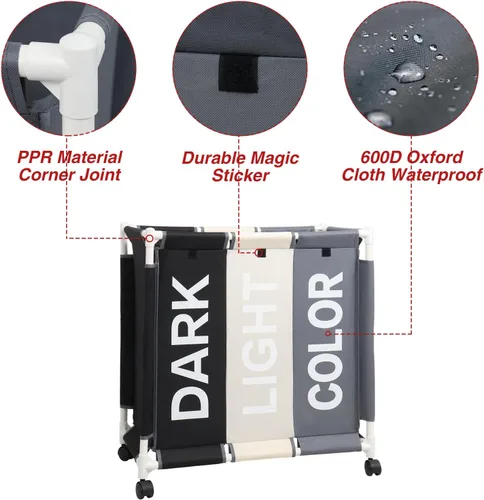 Miniatura 6 de Cesta clasificadora de ropa sucia de 3 secciones con ruedas rodantes, carrito organizador de lavandería para baño, dormitorio, guardería