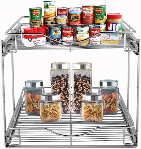 Miniatura 6 de DINDON Organizador de gabinete extraíble de 2 niveles (11 pulgadas de ancho x 18 pulgadas de profundidad), estante deslizante de metal resistente