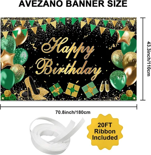 Miniatura 4 de Avezano Cartel verde de feliz cumpleaños verde dorado negro telón de fondo de feliz cumpleaños con purpurina decoración de fiesta de cumpleaños