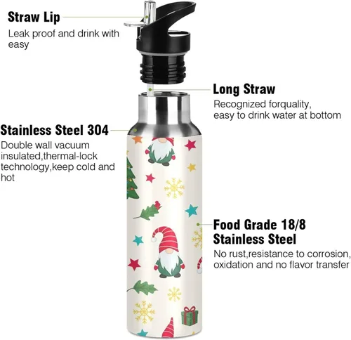 Miniatura 3 de Cute Christmas Gnomes Red Hats Insulated Stainless Steel Water Bottle with Straw 32 Oz, BPA-Free Sport Water Bottle Leakproof Water Bottles