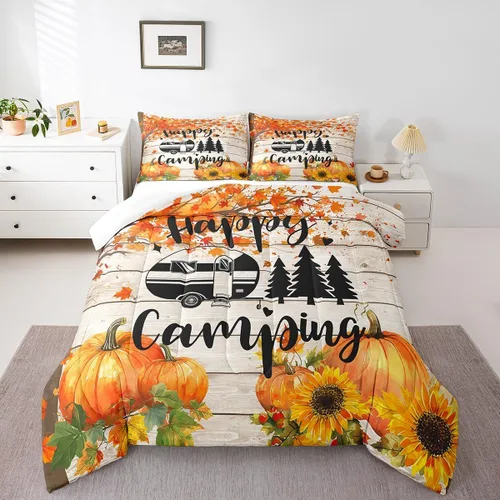 Miniatura 21 de Happy Camping - Juego de edredón de 3 piezas, tamaño Queen, retro, azul, rojo, blanco, rayas de madera, para niños, adolescentes, adultos, Multi 19