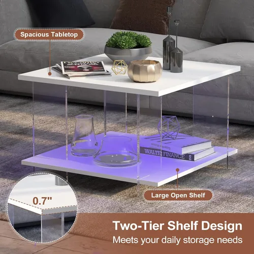 Miniatura 6 de HedoAjim Mesa de café de 24" de acrílico con tablero de madera blanca, mesa central minimalista y moderna de estilo cuadrado para la sala de estar