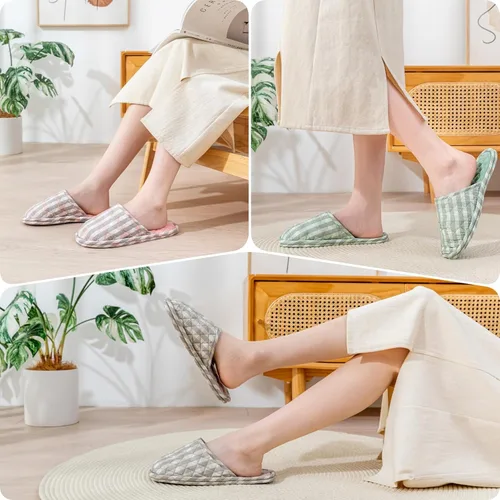 Miniatura 2 de 3 pares de zapatillas de casa florales de algodón para mujeres, zapatillas interiores de punta abierta cómodas lavables portátiles plegables