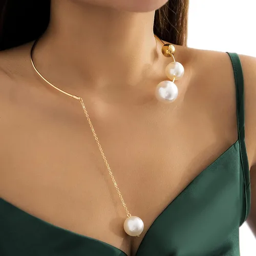 Miniatura 6 de Gargantilla de metal con perlas abiertas, collar ajustable con colgante de perlas elegante, collar de cadena para mujer