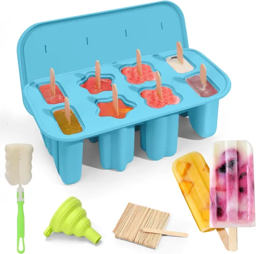 Miniatura 11 de Moldes de paletas de silicona, 8 cavidades con 50 palitos, molde para hacer paletas de hielo sin BPA con embudo y cepillo de limpieza para niños