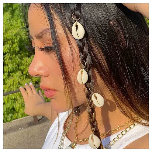 Juego de anillos para el cabello de concha bohemia, pinzas trenzadas doradas, bucles para el cabello de rastas y accesorios de joyería africana para