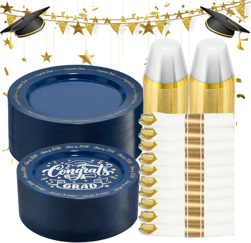 Miniatura 15 de Goodluck Juego de vajilla de plástico dorado de 350 piezas para 50 invitados, elegantes platos desechables para fiesta, incluye: 50 platos de cena