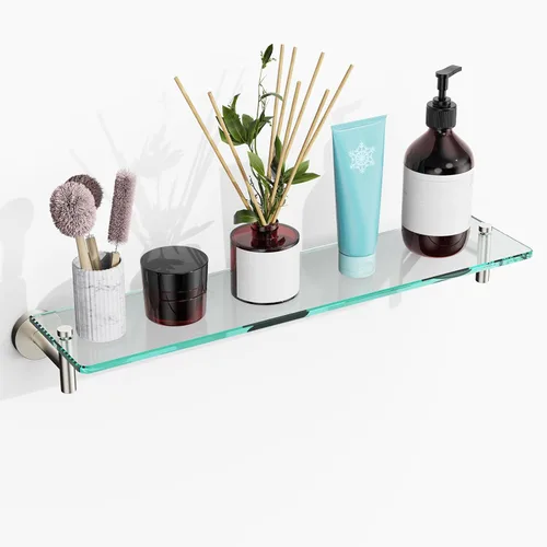 Estantes de vidrio para baño, estante flotante de 20 pulgadas de níquel cepillado, estante de vidrio templado de acero inoxidable, estantes modernos