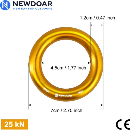 Miniatura 2 de NewDoar Rappel Ring 25kN Oro Grande O-Ring Cuerda Conector para Escalada Arborista Rescate Hamaca y Slackline Oro grande 2 piezas