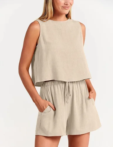 Miniatura 4 de GIVNUAN Conjunto de 2 piezas de lino con cuello cuadrado para mujer, conjunto de pantalones cortos a juego para la playa, verano 2023 a la moda