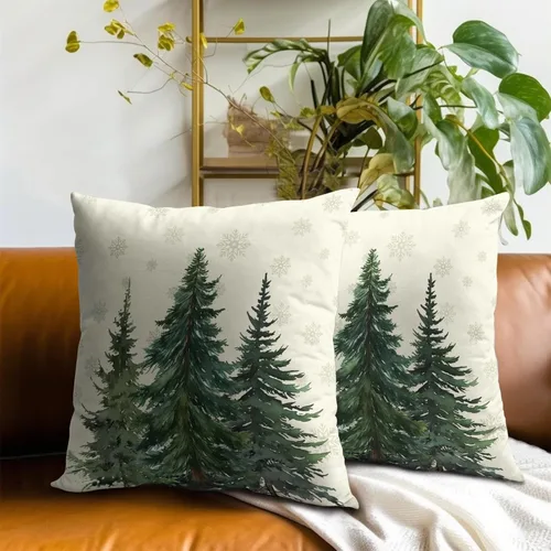Miniatura 7 de Fundas de Almohada de Bosque de Pinos 22x22 Juego de 2, Fundas de Almohada Decorativas de Árboles de Abeto y Cedro Verde Nieve Beige de Invierno