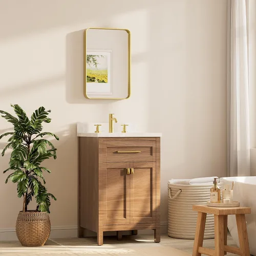 Miniatura 2 de TETOTE Espejo de marco dorado cepillado de 16 x 24 pulgadas, espejo de tocador de baño de latón dorado para pared, espejo enmarcado rectangular