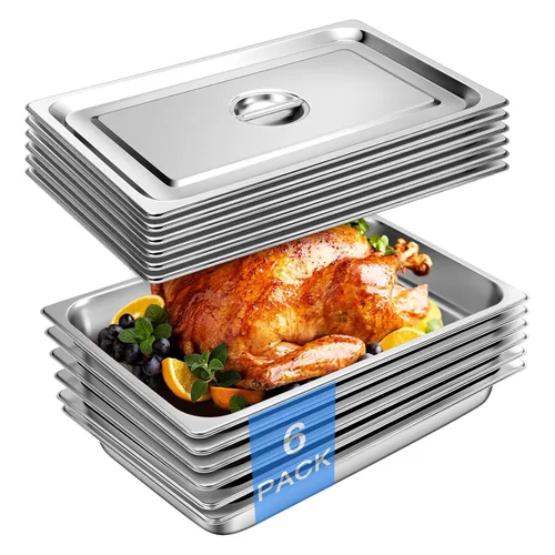 Miniatura 16 de Sartén de hotel con tapas de medio tamaño de 6.35 cm de profundidad, platos calentadores de acero inoxidable para buffet, sartén de mesa de vapor