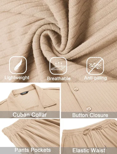 Miniatura 6 de COOFANDY Conjunto de 2 piezas para hombre, de manga larga, casual, con botones, camisa y pantalones, Camello