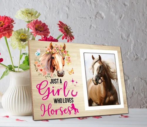 Miniatura 3 de Marco de fotos de caballo, casa de campo rústico, regalos de flores para amantes de los caballos, marco de fotos con texto en inglés "Just a Girl