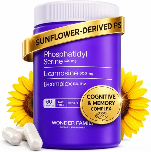 Fosfatidilserina 600 mg con L-Carnosina 500 mg + B6, B12 y Folato - Complejo PS de lecitina de girasol sin soja - A base de plantas, sin OMG - Apoya