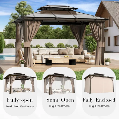 Miniatura 6 de YOLENY Cenador de techo duro de 10 x 13 pies, toldo de policarbonato para exteriores con techo doble, pabellón permanente de aluminio con cortinas