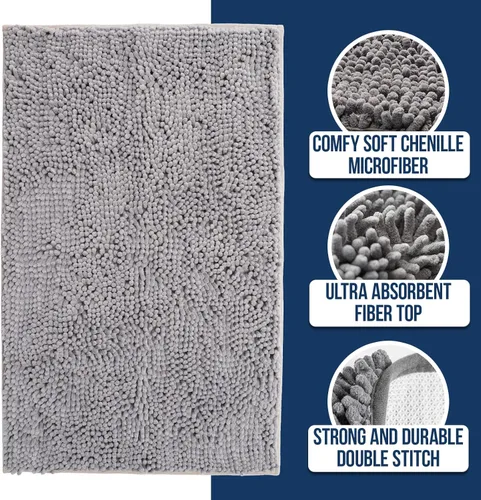 Miniatura 2 de Muddy Mat Alfombras de Baño de Chenilla de Microfibra de Secado Rápido Antideslizantes Lavables, Extra Gruesas, Suaves y Altamente Absorbentes Gris