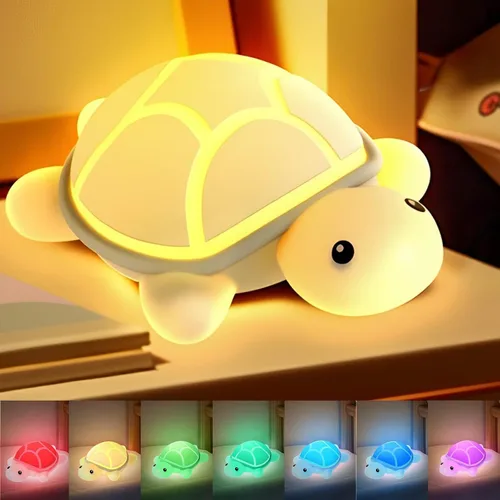 Luz nocturna con forma de tortuga para niños, 7 colores cambiantes y control táctil, lámpara LED de silicona apretujable recargable por USB para