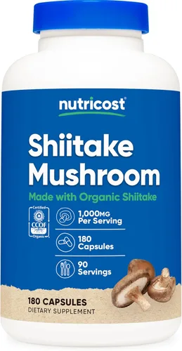 Nutricost Cápsulas orgánicas de hongos Shiitake de 1000 mg, 90 porciones – Certificado CCOF fabricado con orgánico, vegetariano, sin gluten, 500 mg