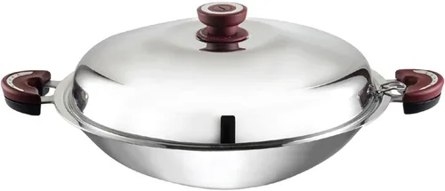 BUFFALO Wok de acero inoxidable con tapa, parte inferior redonda de 15 pulgadas (15.0 in), sartén antiadherente de tres capas, olla de cocina de