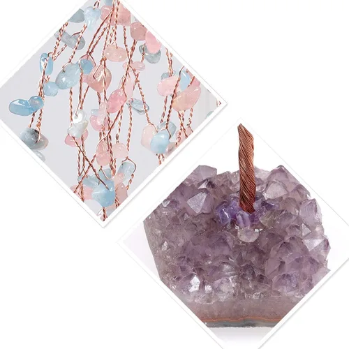 Miniatura 3 de mookaitedecor Árbol de cristal natural de cuarzo rosa y aguamarina con base de cristal de racimo de amatista, figura de árbol de dinero bonsái