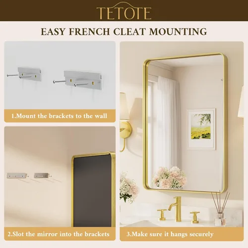 Miniatura 7 de TETOTE Espejo de marco dorado cepillado de 16 x 24 pulgadas, espejo de tocador de baño de latón dorado para pared, espejo enmarcado rectangular