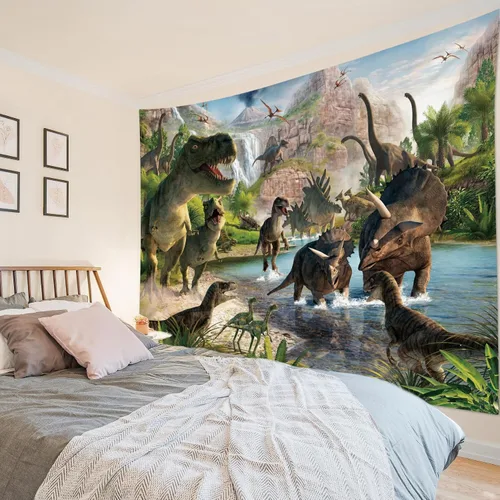 Miniatura 18 de HVEST Tapiz de dinosaurio salvaje y antiguo depredador para colgar en la pared, bosque tropical con árboles verdes y montañas, tapices de pared