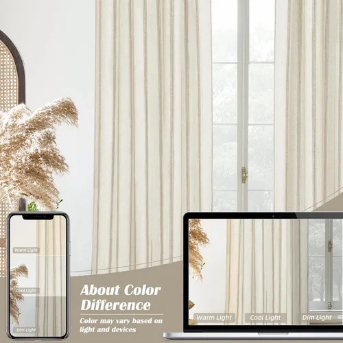 Miniatura 7 de DriftAway Cortinas opacas de mezcla de lino de granja de 90 pulgadas de largo para dormitorio, cortinas de lino con estampado de rayas verticales