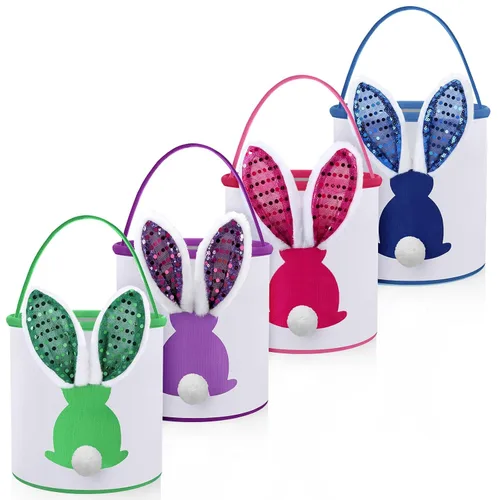 Miniatura 10 de 4 unidades de cesta de conejo de Pascua para niños, bolsas de tela de algodón, vacías personalizadas, cesta de huevos de caramelo, cubos