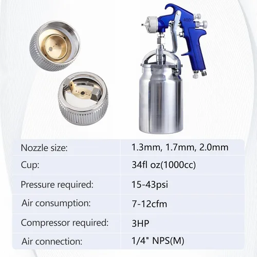 Miniatura 4 de B4B BANG 4 BUCK Pistola pulverizadora profesional de alimentación por sifón HVLP, taza de capacidad de 1000 cc con boquillas de 0.051 in, 0.067 in