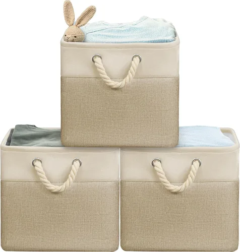 Simple Houseware Cubos de almacenamiento de tela grandes de 13 x 13 pulgadas para armario y organizador de cubos, paquete de 3, color beige