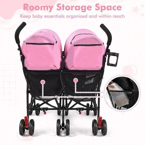 Miniatura 7 de BABY JOY Cochecito Doble con Paraguas, Cochecito de Viaje Ligero Lado a Lado para Gemelos con Gran Almacenamiento, Portavasos, Arnés de Seguridad