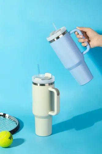 Miniatura 6 de Vaso de 40 onzas con asa y tapa con popote, Vasos aislados de acero inoxidable de pared doble con sello al vacío, Taza de viaje para bebidas frías