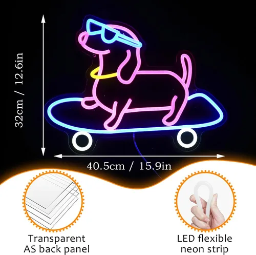 Miniatura 3 de Letrero de neón para perro monopatín regulable divertido Dachshund Skateboarding LED luz de neón decoración de pared para dormitorio, bar, sala