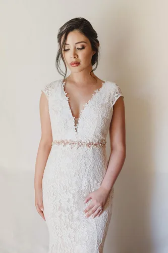 Miniatura 2 de SWEETV Cinturón nupcial de oro rosa con diamantes de imitación Cinturón de vestido de novia hecho a mano Hoja con cuentas Faja de, Oro Rosa